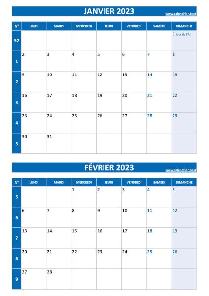 Calendrier janvier février 2023, portrait, bleu.