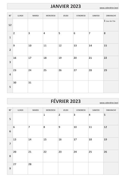 Calendrier janvier février 2023, portrait, gris.