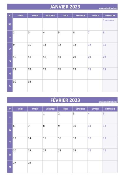 Calendrier janvier février 2023, portrait, violet.