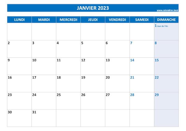 Calendrier janvier 2023 à imprimer avec jours fériés.