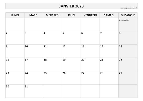 Calendrier janvier 2023 à imprimer avec jours fériés.