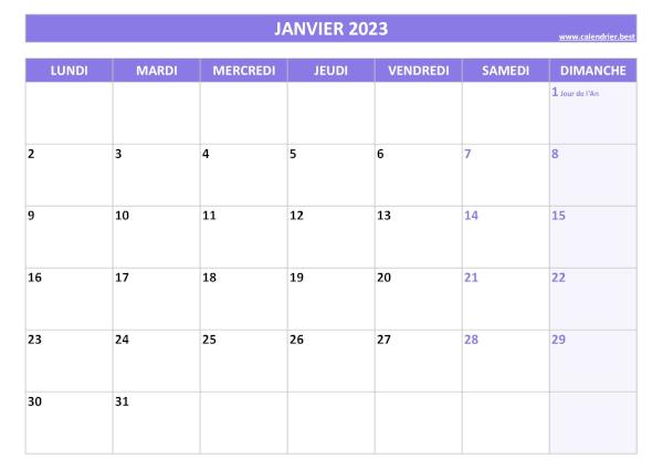 Calendrier janvier 2023 à imprimer avec jours fériés.