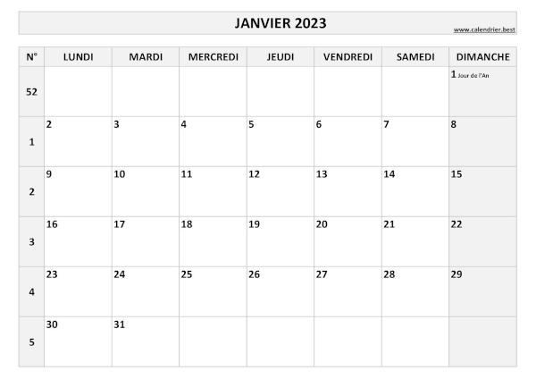 Calendrier janvier 2023 avec semaines.