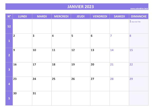 Calendrier janvier 2023 avec semaines.