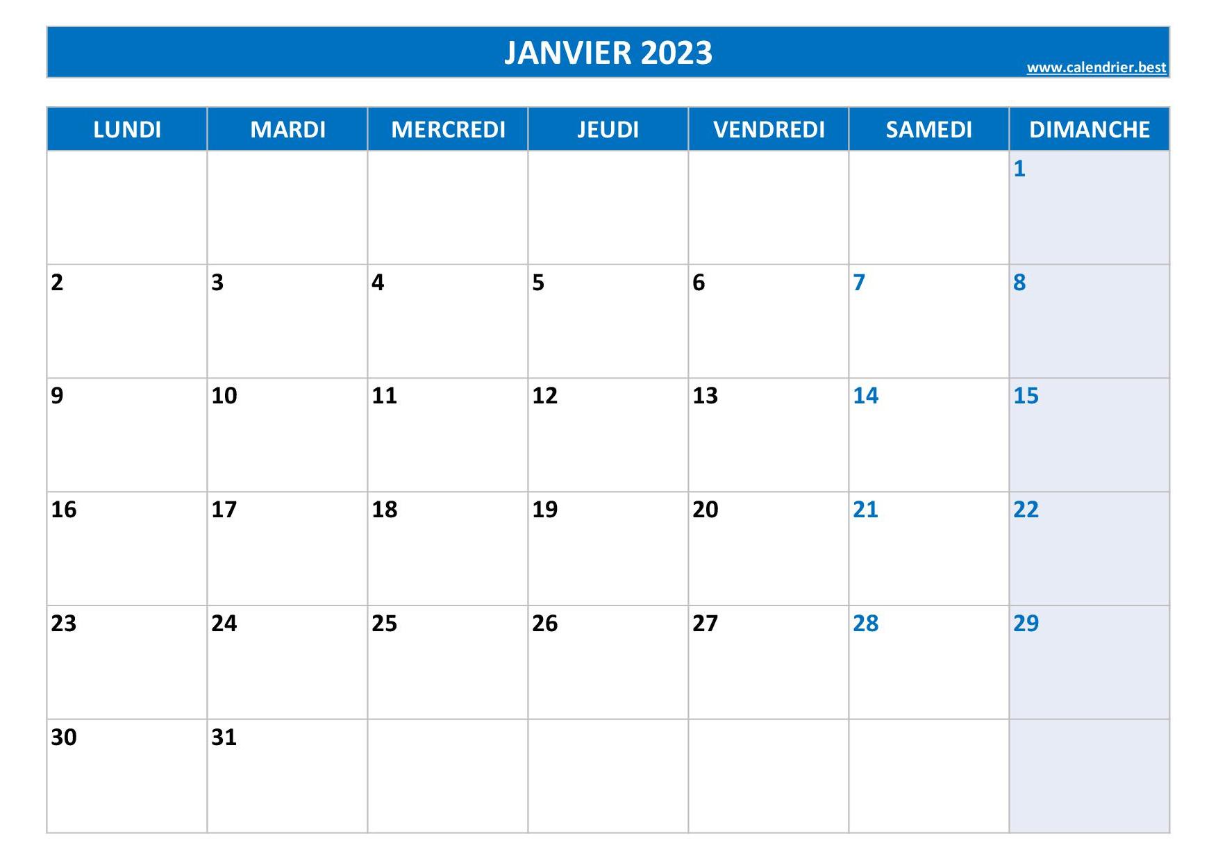 Calendrier 2023 mensuel à imprimer