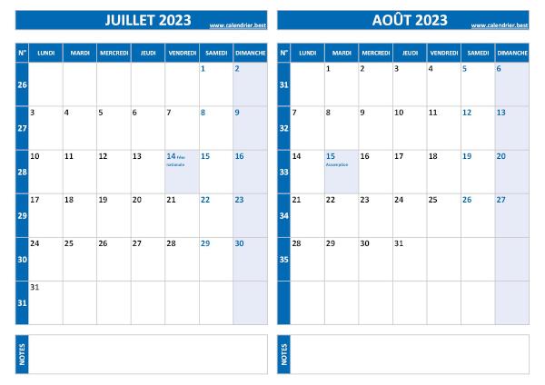 Calendrier de juillet et août 2023 à imprimer sur une page au format paysage, template bleu. Calendrier juillet août 2023.