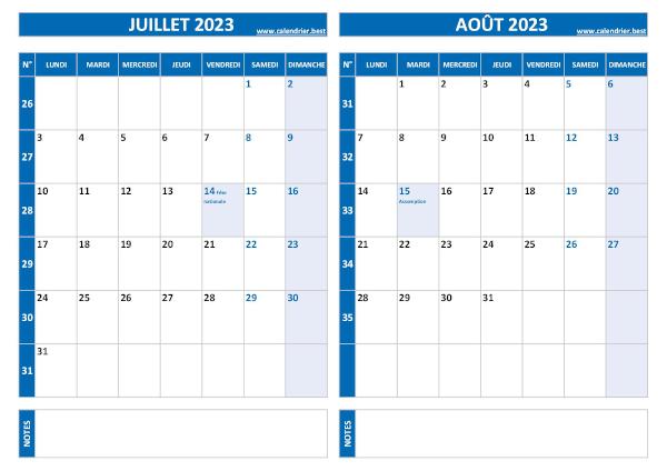 Calendrier juillet août 2023.