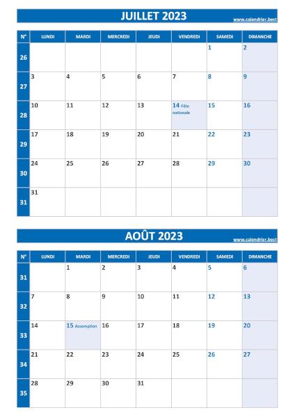 Calendrier juillet août 2023, portrait, bleu.