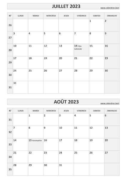 Calendrier juillet août 2023, portrait, gris.