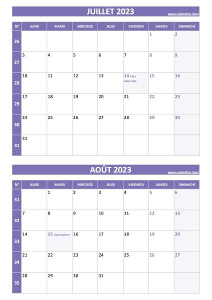 Calendrier des mois de juillet et août 2023 à imprimer sur une page au format portrait, template violet. Calendrier juillet août 2023, portrait, violet.