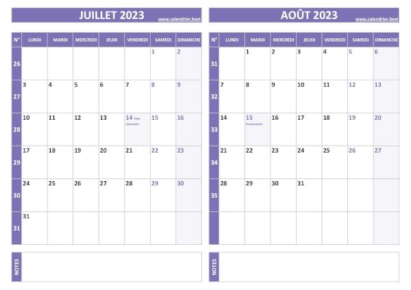 Calendrier juillet août 2023.