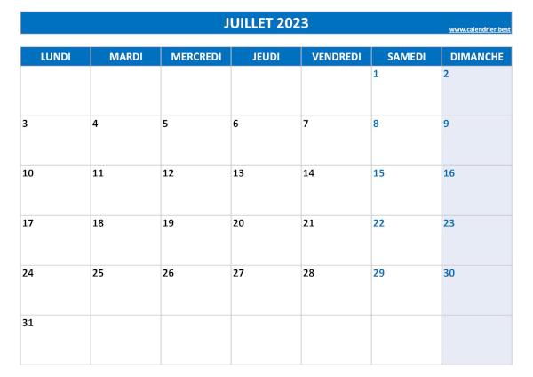 Calendrier Juillet 2023 à imprimer.