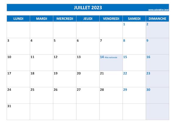 Calendrier Juillet 2023 à imprimer avec jours fériés.