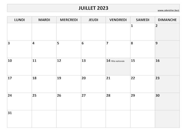 Calendrier Juillet 2023 à imprimer avec jours fériés.