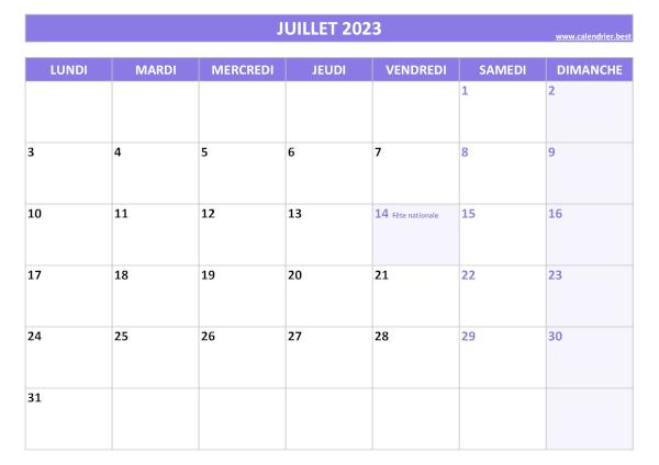 Calendrier Juillet 2023 à imprimer avec jours fériés.