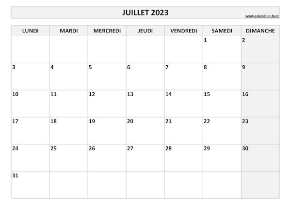 Calendrier mensuel vierge à imprimer, mois de Juillet 2023, thème noir et blanc. Calendrier Juillet 2023 à imprimer.