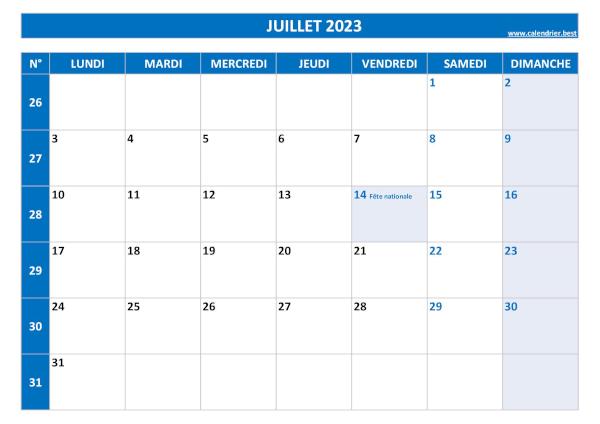 Calendrier du mois de juillet 2023 avec semaines à imprimer.