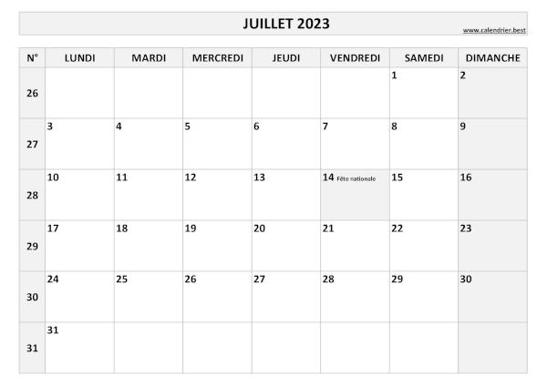 Calendrier Juillet 2023 avec semaines.