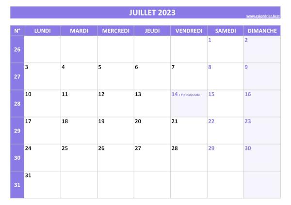 Calendrier Juillet 2023 avec semaines.