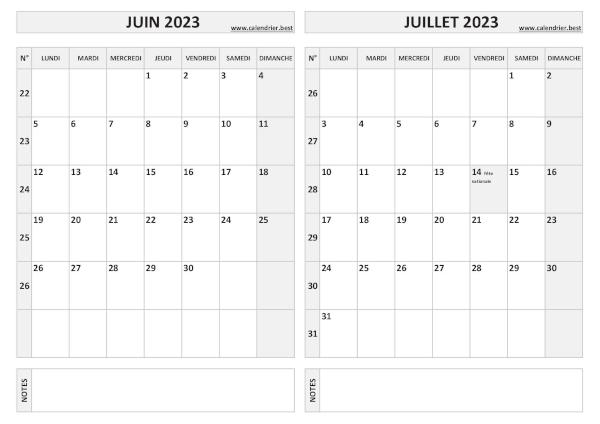 Calendrier juin juillet 2023.