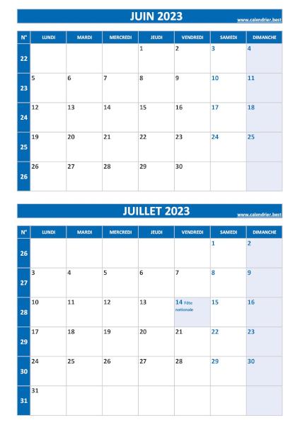 Calendrier juin juillet 2023, portrait, bleu.