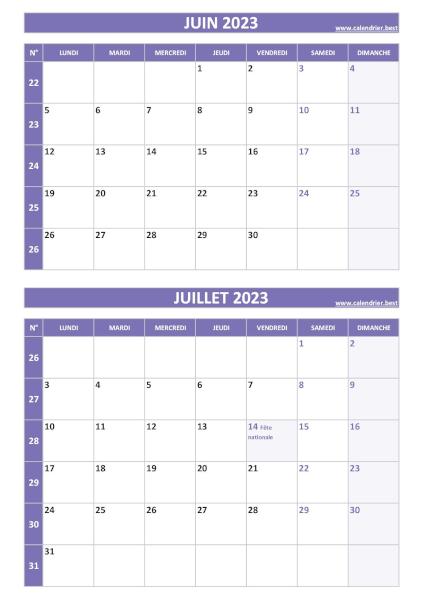 Calendrier juin juillet 2023, portrait, violet.