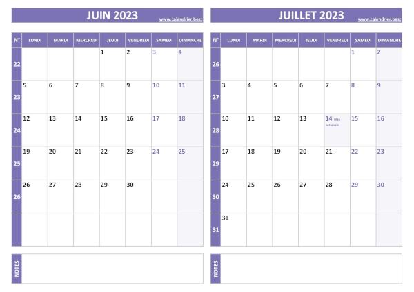 Calendrier juin juillet 2023.