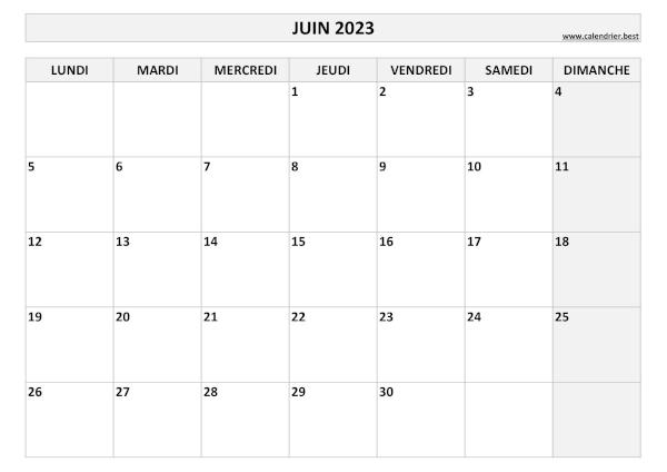 Calendrier du mois de juin 2023 à imprimer.