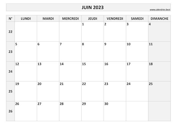 Calendrier du mois de juin 2023 avec semaines à imprimer.