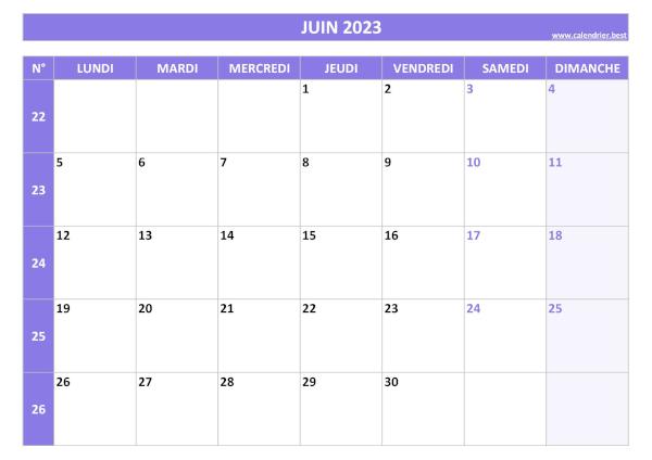 Calendrier Juin 2023 avec semaines.