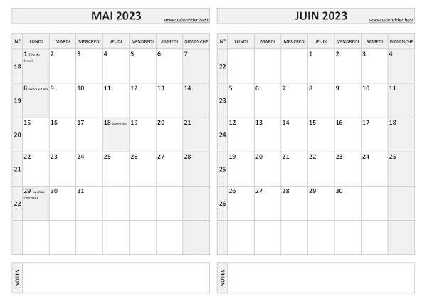 Calendrier de mai et juin 2023 à imprimer sur une page au format paysage, template gris. Calendrier mai juin 2023.