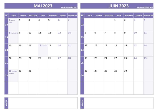 Calendrier mai juin 2023.