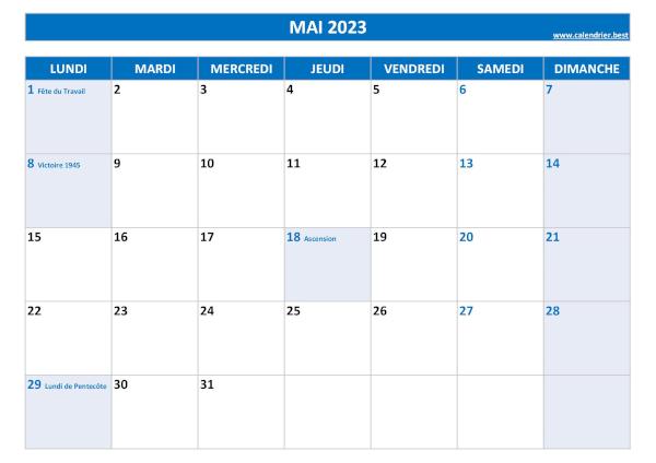Calendrier Mai 2023 à imprimer avec jours fériés.
