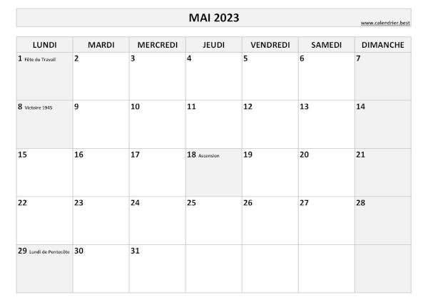Calendrier du mois de mai 2023 avec jours fériés à imprimer.
