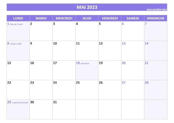 Calendrier Mai 2023 à imprimer avec jours fériés.