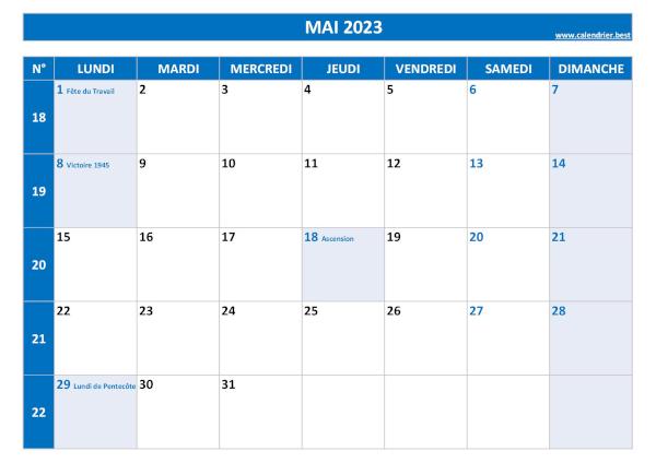 Calendrier mai 2023 avec numéros de semaine et jours fériés.