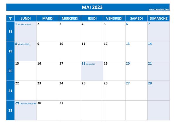 Calendrier mai 2023 à imprimer.