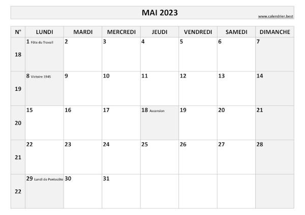 Calendrier mai 2023 avec numéros de semaine et jours fériés.