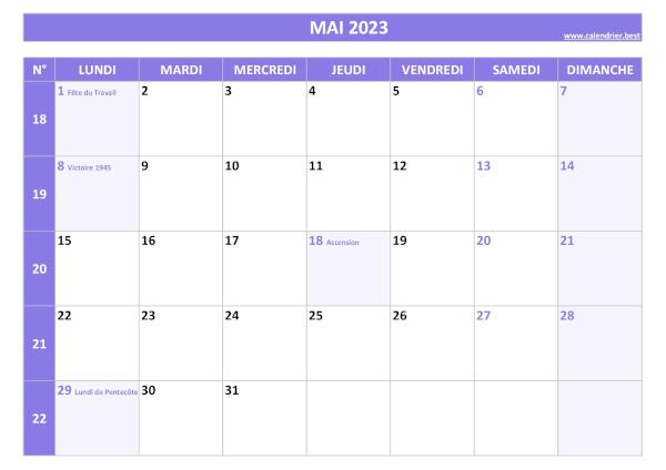 Calendrier du mois de mai 2023 avec semaines à imprimer.