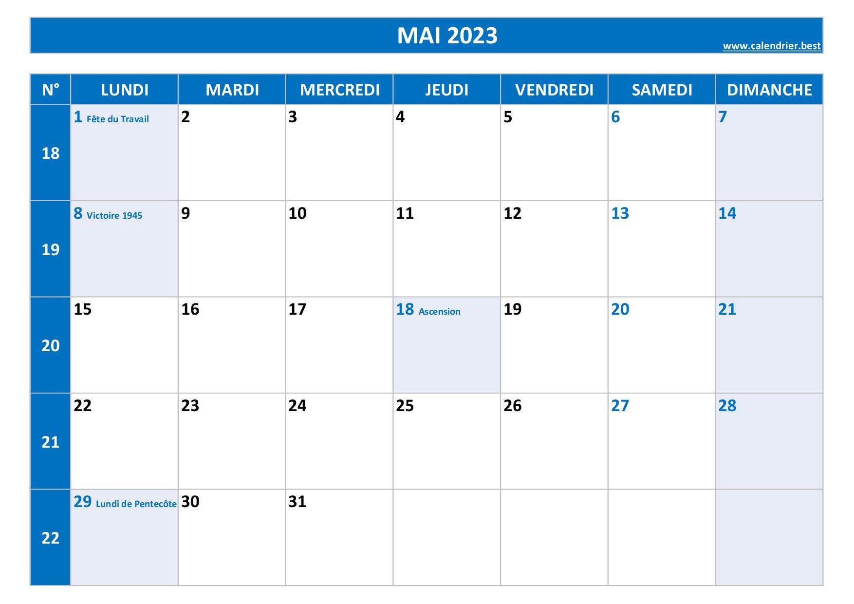 Calendrier Mai 2023 à Consulter Ou Imprimer Calendrierbest