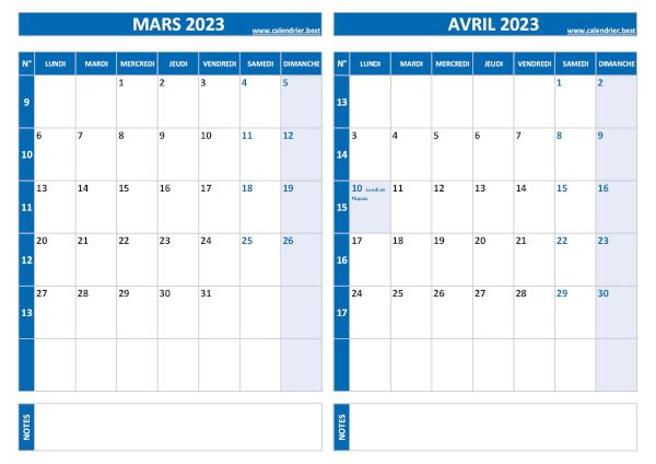 Calendrier mars avril 2023.