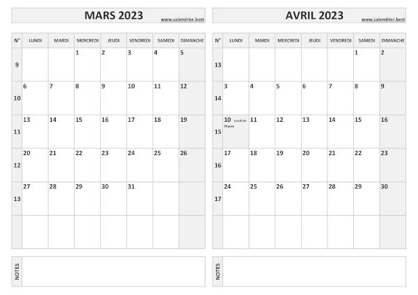 Calendrier mars avril 2023.