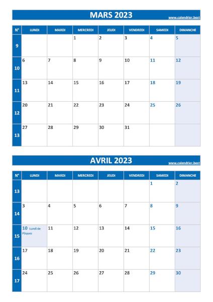 Calendrier mars avril 2023, portrait, bleu.