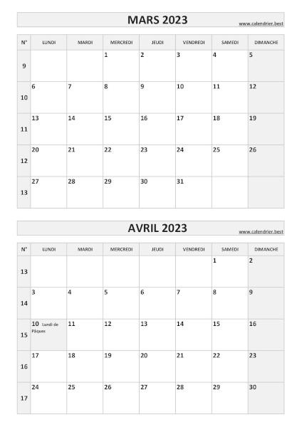 Calendrier mars avril 2023, portrait, gris.