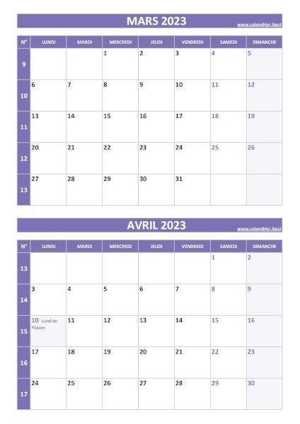 Calendrier mars avril 2023, portrait, violet.