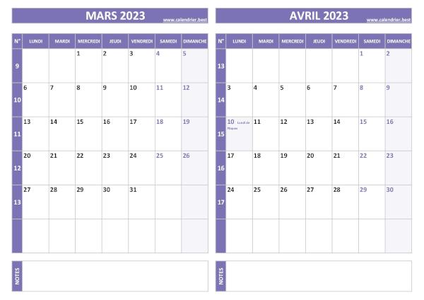 Calendrier mars avril 2023.