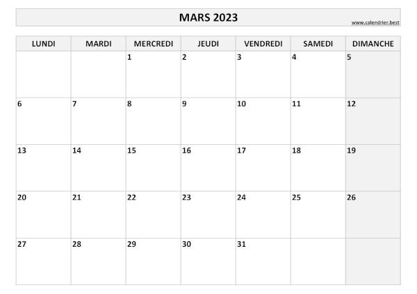 Calendrier mars 2023 vierge à imprimer.