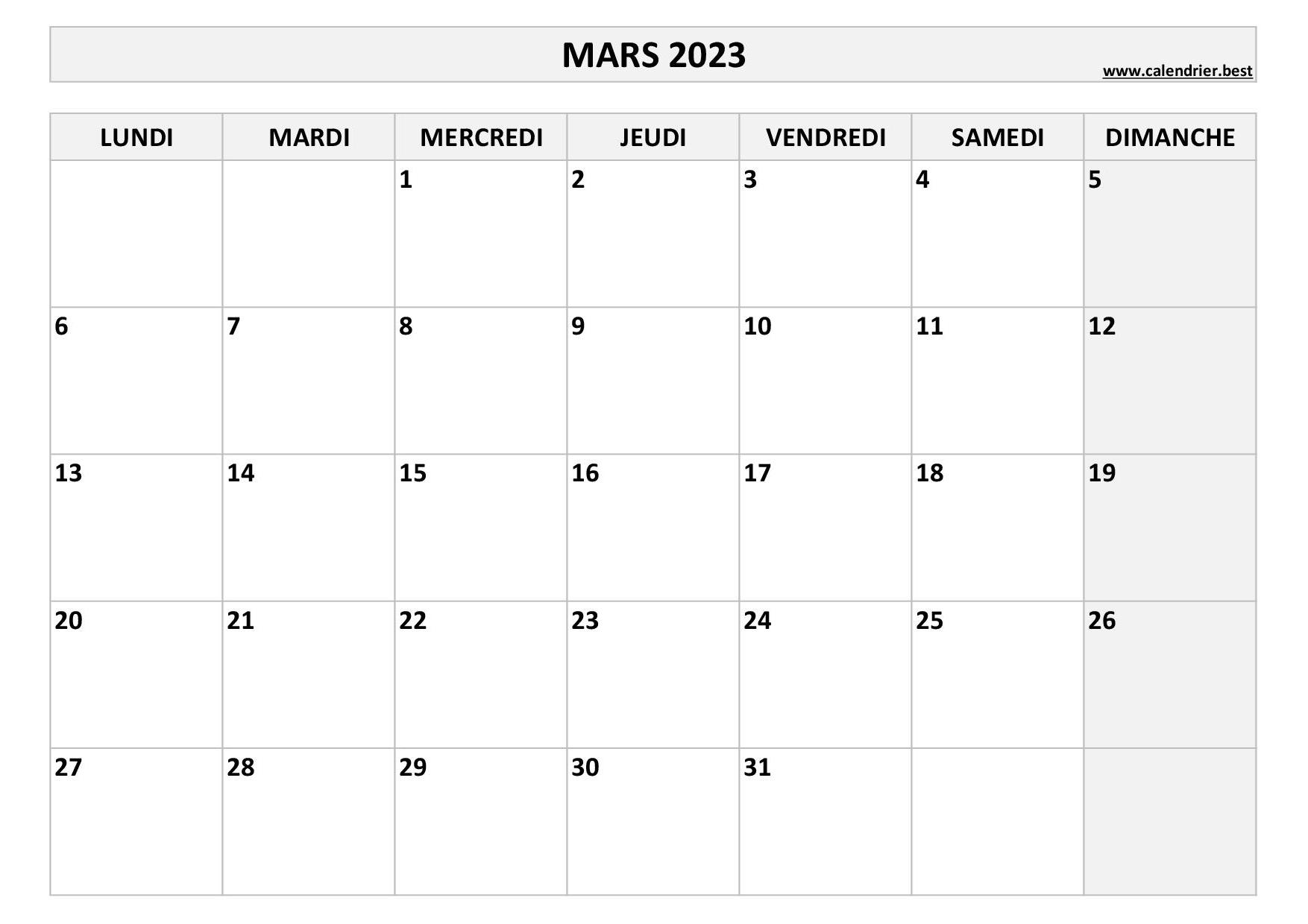 Calendrier 2023 mensuel à imprimer