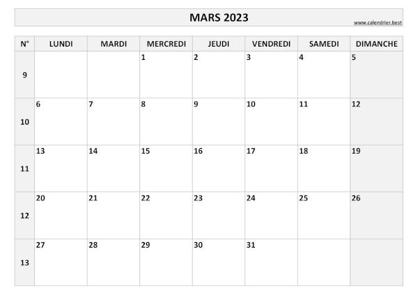 Calendrier du mois de mars 2023 avec semaines à imprimer.