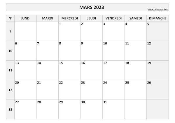 Calendrier mars 2023 avec semaines.